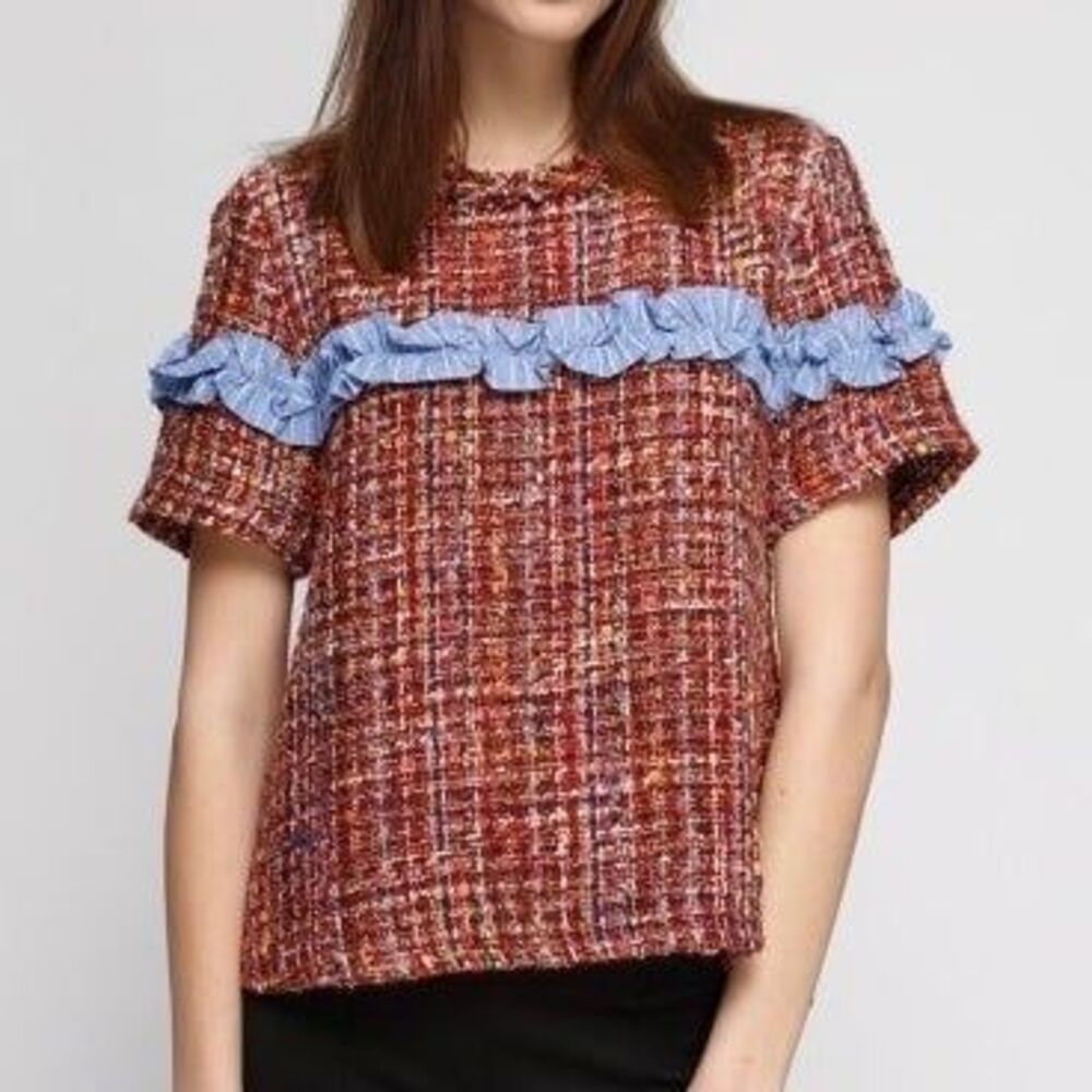 Zara Multi-Color Tweed Top With Contrasting Ruffle Shirt Size XS